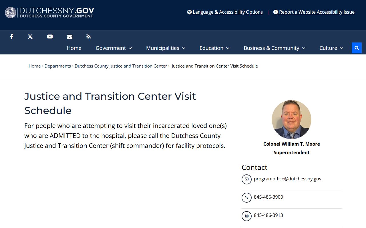 Dutchess County Justice and Transition Center visit schedule showing contact visit session times