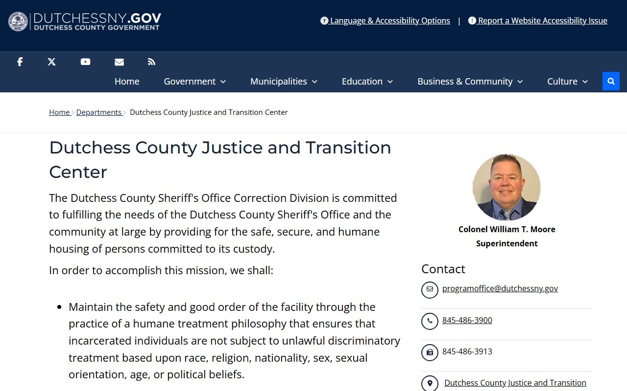 Dutchess County Justice and Transition Center inmate population and custody search page