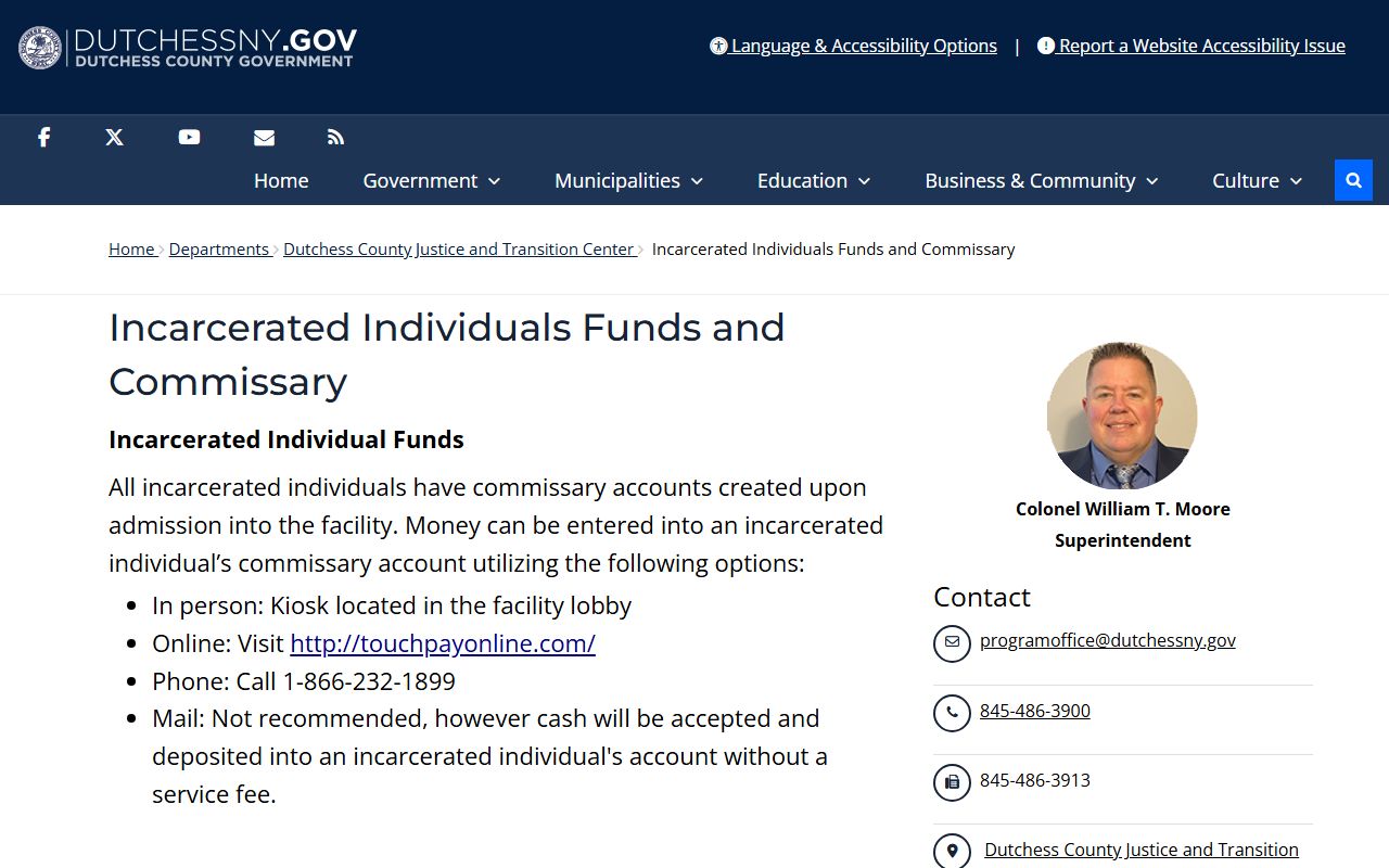 Dutchess County inmate records commissary deposit and iCare rules